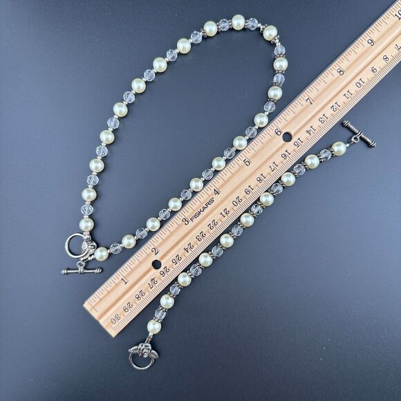 Set Faux Pearl Crystal Silver-tone Rose Toggle Necklace 16" Bracelet 7.5" - Picture 7 of 11